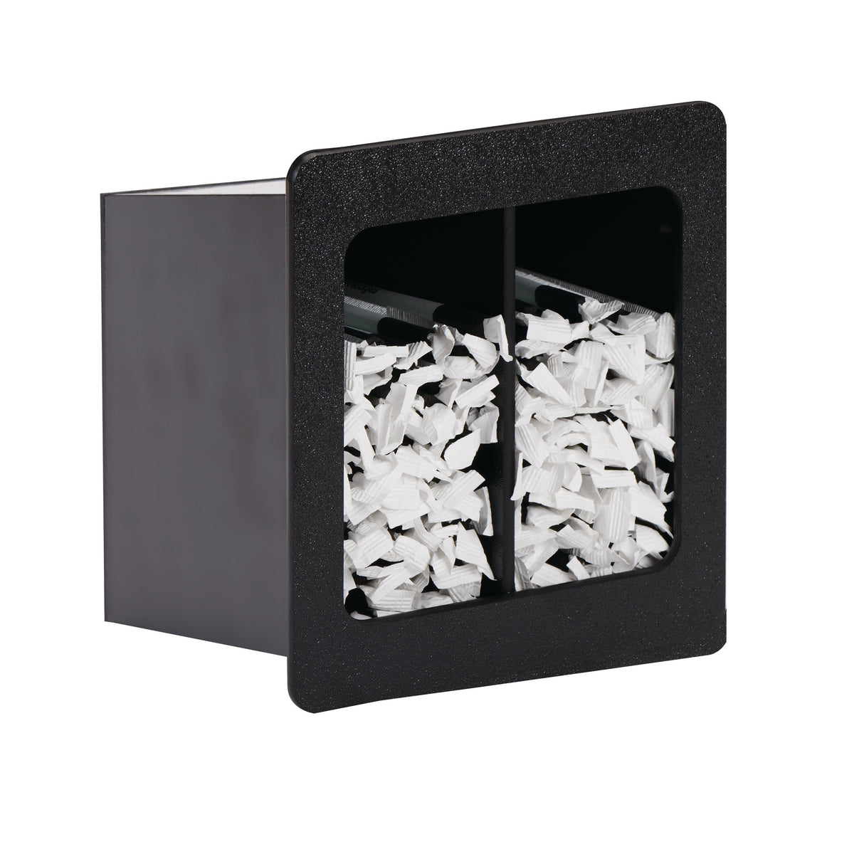 A black rectangular Straw Organizer with a built-in front window divided into two sections, each filled with white, shredded paper strips or wrapped straws. The container is set against a white background and photographed at a slight angle, adding depth.