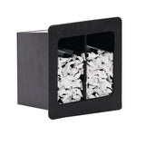 A black rectangular Straw Organizer with a built-in front window divided into two sections, each filled with white, shredded paper strips or wrapped straws. The container is set against a white background and photographed at a slight angle, adding depth.