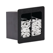A black rectangular Straw Organizer with a built-in front window divided into two sections, each filled with white, shredded paper strips or wrapped straws. The container is set against a white background and photographed at a slight angle, adding depth.