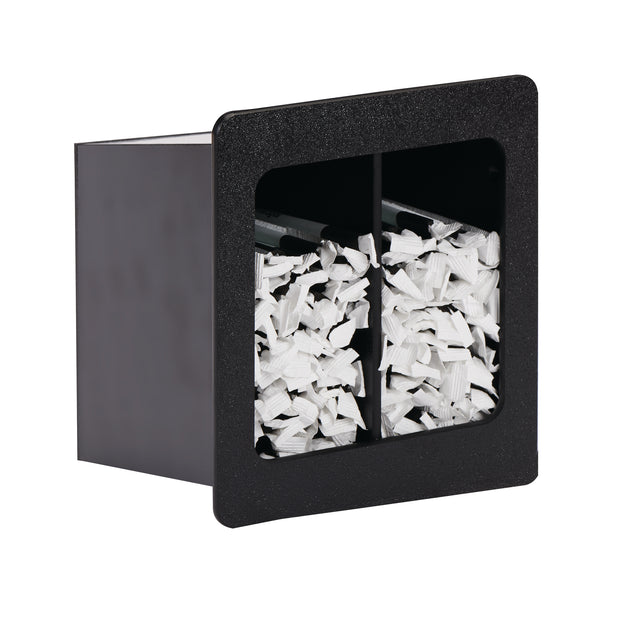 A black rectangular Straw Organizer with a built-in front window divided into two sections, each filled with white, shredded paper strips or wrapped straws. The container is set against a white background and photographed at a slight angle, adding depth.