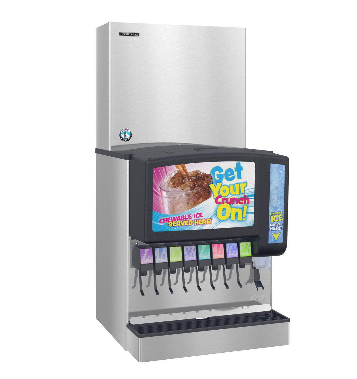 A commercial soda fountain machine with eight drink dispensers, a large ice chute powered by a cubelet ice maker, and a colorful “Get Your Crunch On! Chewable Ice Served Here” sign. The stainless steel rectangular design ensures style and convenience.