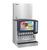 A commercial soda fountain machine with eight drink dispensers, a large ice chute powered by a cubelet ice maker, and a colorful “Get Your Crunch On! Chewable Ice Served Here” sign. The stainless steel rectangular design ensures style and convenience.