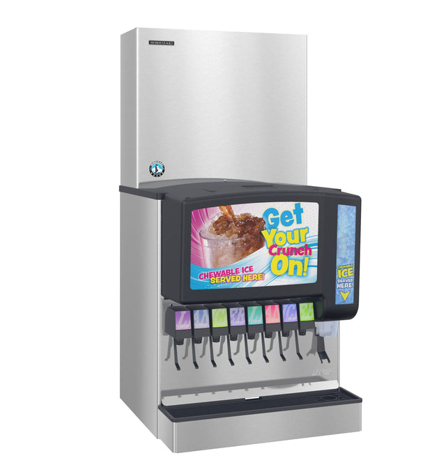 A commercial soda fountain machine with eight drink dispensers, a large ice chute powered by a cubelet ice maker, and a colorful “Get Your Crunch On! Chewable Ice Served Here” sign. The stainless steel rectangular design ensures style and convenience.