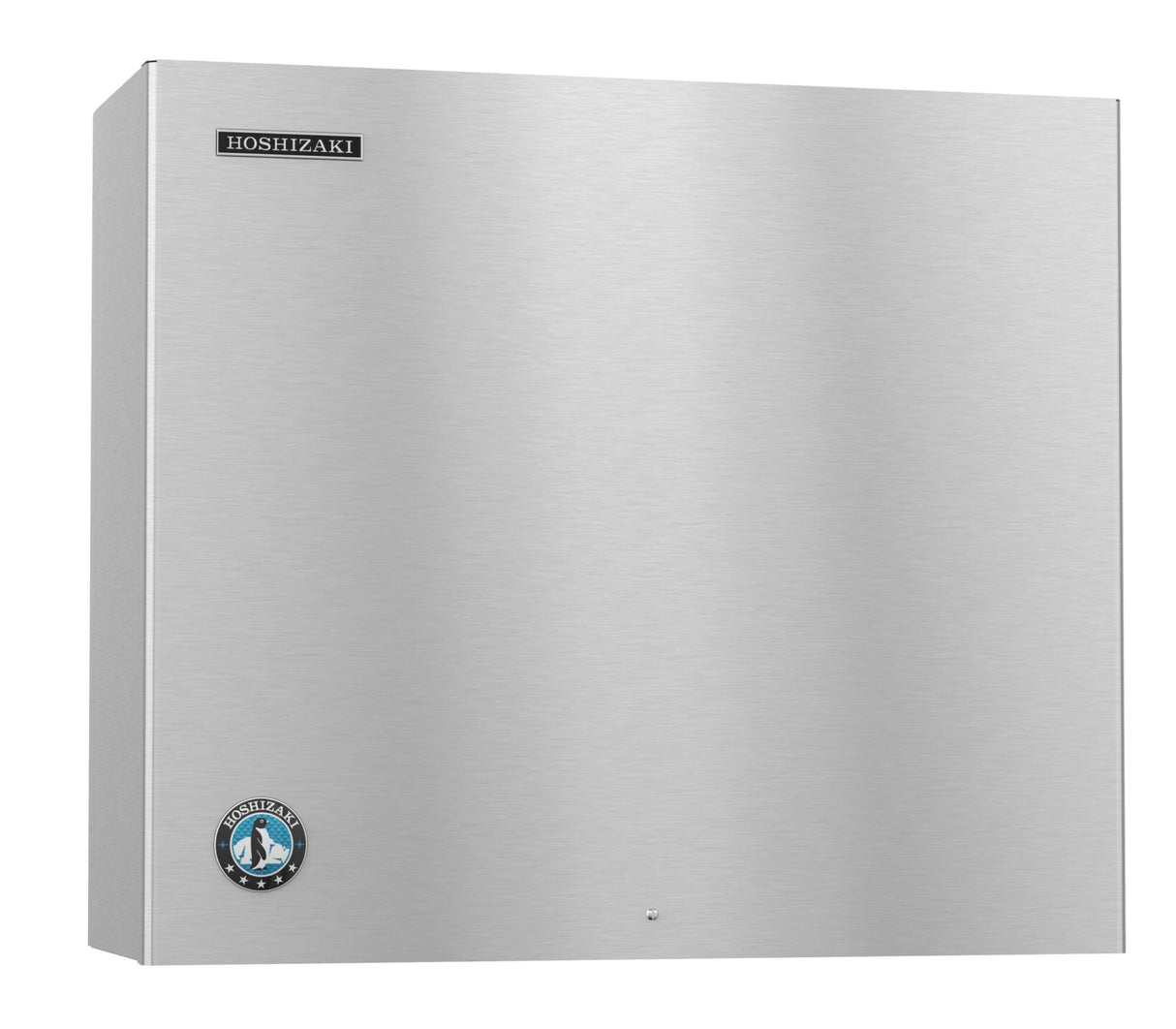 A rectangular stainless steel Hoshizaki Serenity Ice Maker with a smooth, brushed metal surface. It features two logos: a rectangular black Hoshizaki logo at the top left and a circular logo with a penguin at the bottom left corner.