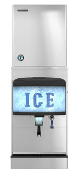 A commercial Ice & Water Dispenser with a stainless steel exterior, featuring “ICE” in blue letters on a frosted window above the ice chute. It includes levers for dispensing ice and water, and offers a 200-lb. ice capacity for busy environments.