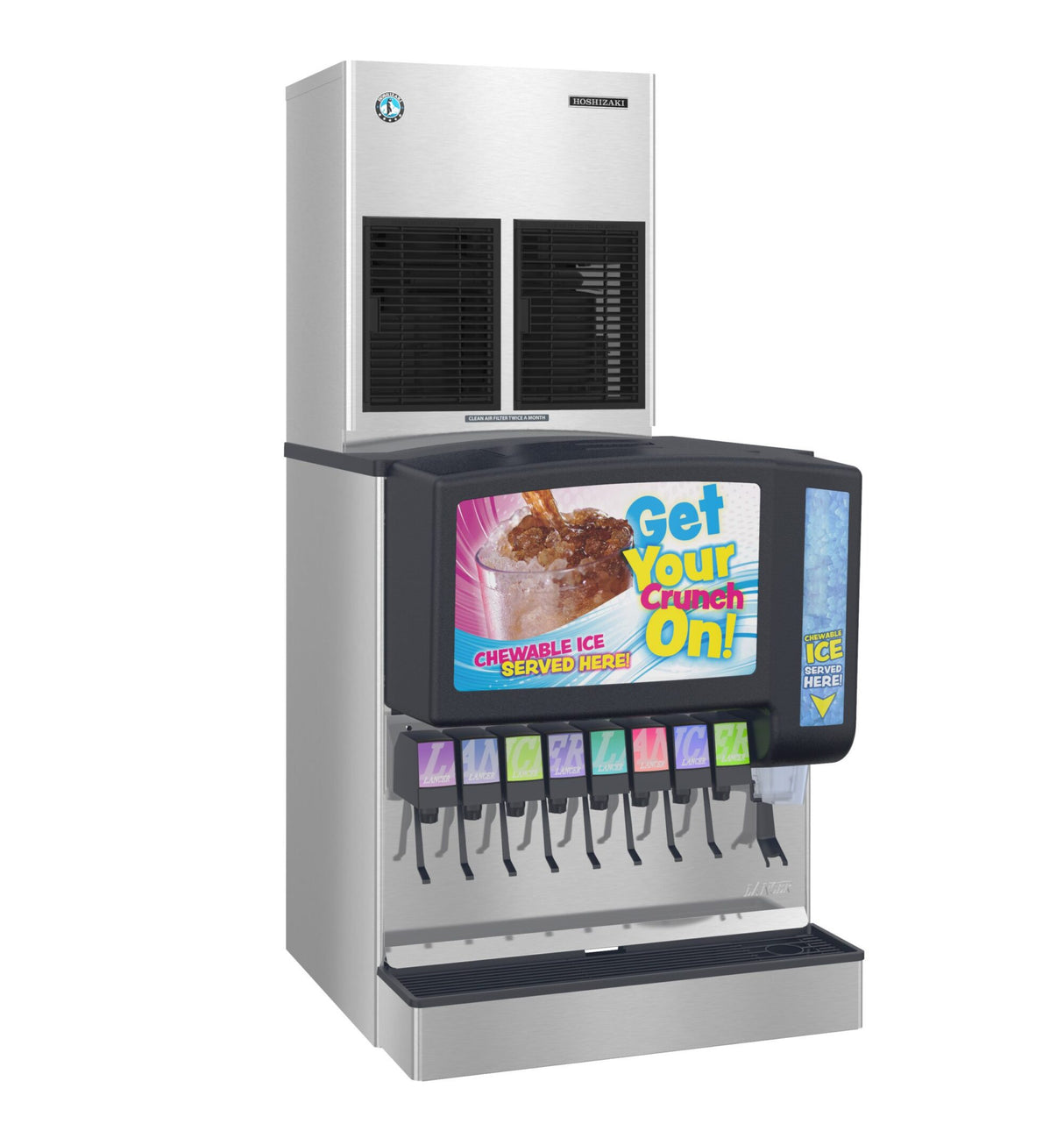 A commercial soda fountain machine with a Hoshizaki ice dispenser. The front features colorful drink selection levers and a digital screen displaying “Get Your Crunch On! Cubelet-Style chewable ice served here.” Stainless steel with black dispensing area.