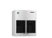 A stainless steel Serenity Ice Maker commercial ice machine with two large black vents on the front. The top left displays a blue circular logo, while the top right shows the Hoshizaki brand label. The machine stands against a white background.