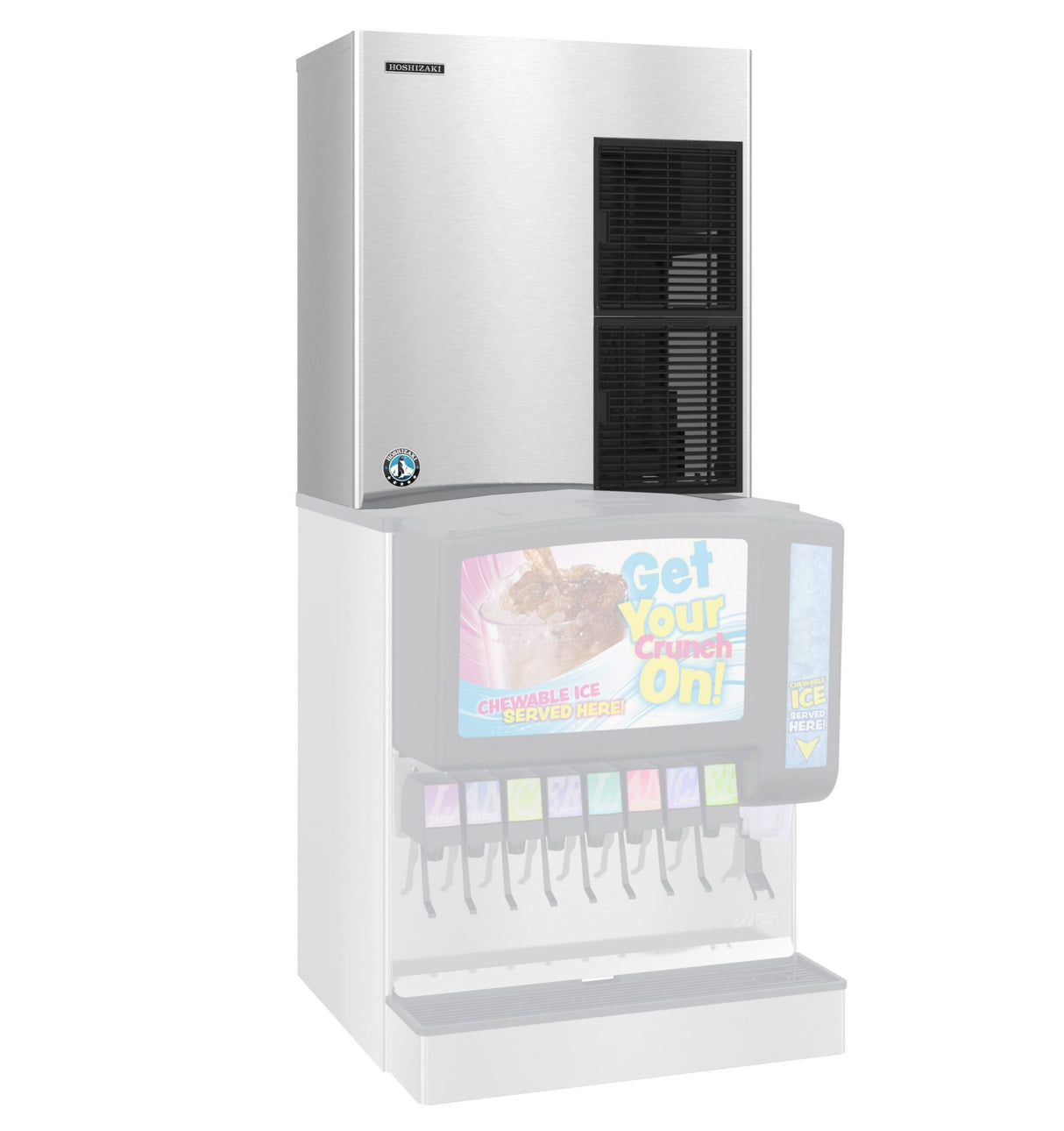 A large Hoshizaki stainless steel commercial ice maker sits on top of a fountain drink dispenser, which has colorful beverage images and the phrase Get Your Crunch On! The dispenser offers multiple levers and features cubelet-style ice.