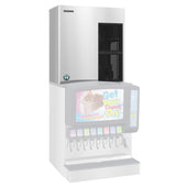 A large Hoshizaki stainless steel commercial ice maker sits on top of a fountain drink dispenser, which has colorful beverage images and the phrase Get Your Crunch On! The dispenser offers multiple levers and features cubelet-style ice.