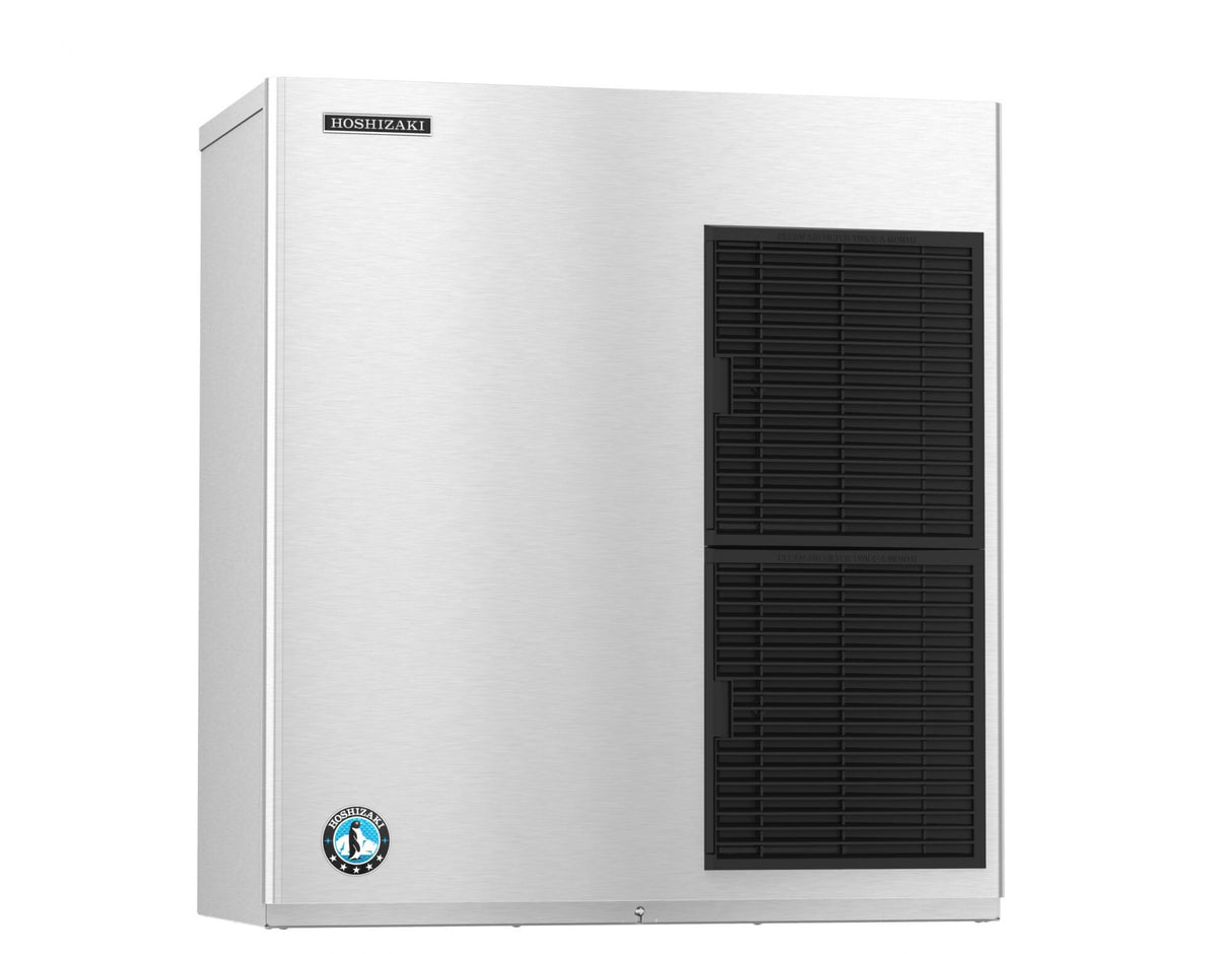 A stainless steel Hoshizaki Serenity Ice Maker with a rectangular shape, a brand logo on the top left, a round certification sticker on the bottom left, and two large black vent panels on the right side of the front face.