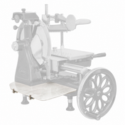 A marble receiving tray is attached to the front of a vintage black meat slicer, which is partially faded out. The 14" tray has metal brackets securing it to the Globe Middleby slicer, providing extra space for slicing or placing items.