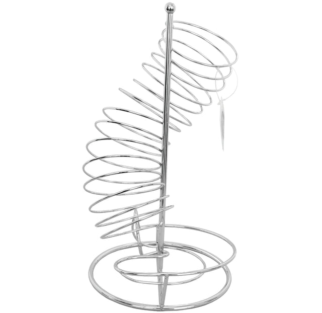 A sleek, modern chrome plated spiral-shaped holder with a central vertical rod, designed for holding items upright. The circular base ensures stability, and a small tag is attached near the top—perfect as an elegant TableCraft fruit basket.
