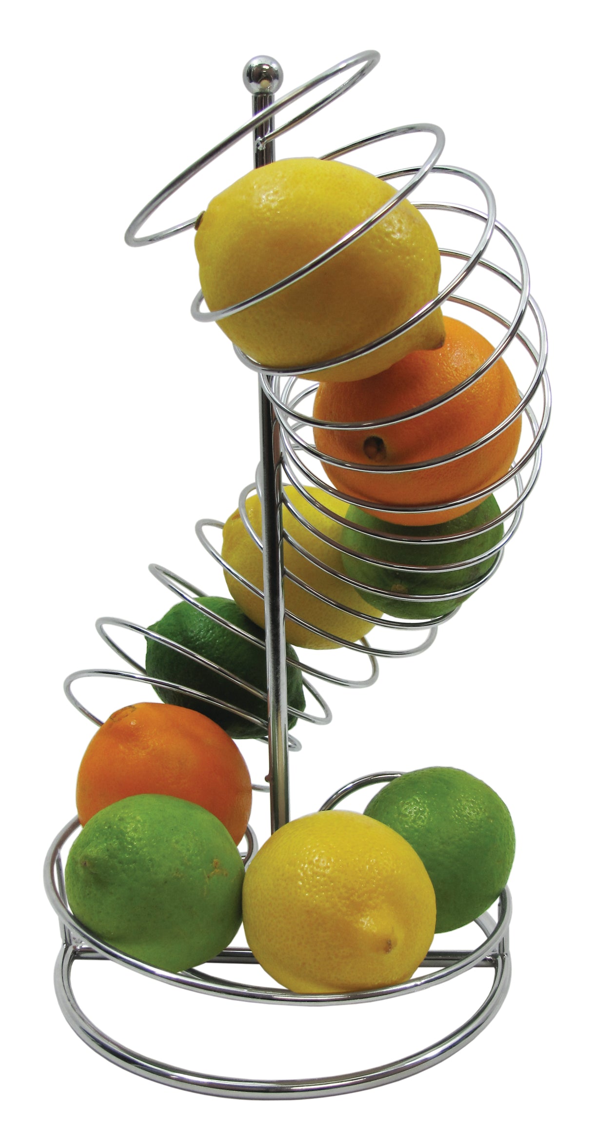 A chrome plated fruit basket from TableCraft Products, this metal spiral holder keeps lemons, limes, and oranges stacked as they roll down its coils. It stands upright with a circular base and a central rod supporting the spiral rack.