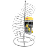 A silver, spiral-shaped chrome plated fruit basket stands upright with a round base. A TableCraft product tag shows it filled with lemons and limes. The spiraled design lets fruits roll down from top to bottom for easy access.