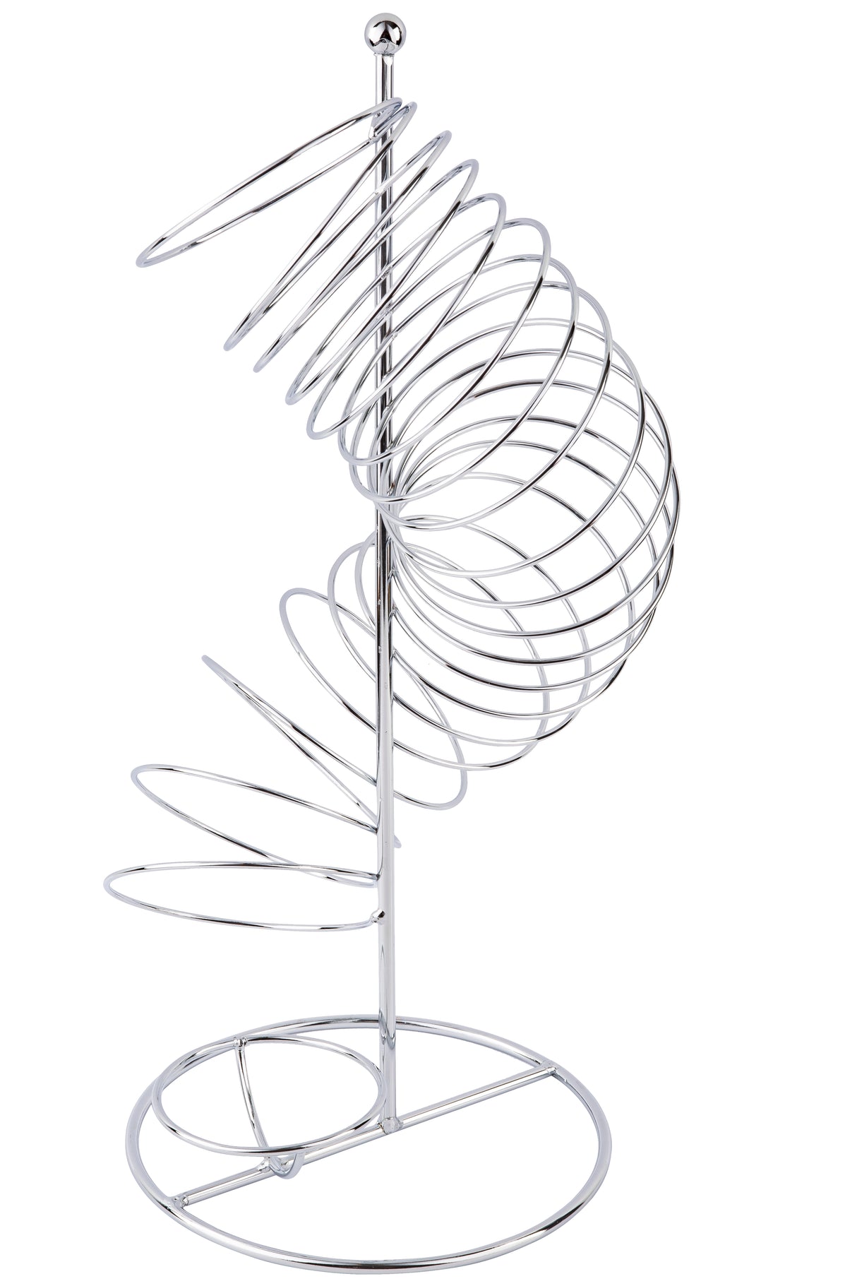 A shiny, chrome plated metal spiral shaped into a ramp curves around a central vertical rod, mounted on a circular base. The spiral design hints at a decorative TableCraft fruit basket or dispenser, possibly for spheres or balls.