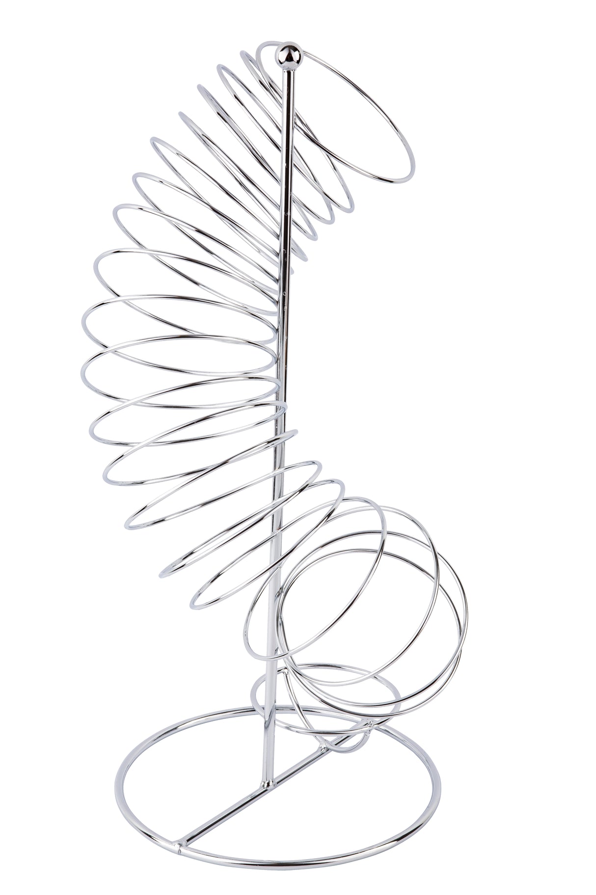 A chrome plated metal spiral egg holder shaped like a spring, designed to hold eggs vertically. It features a central pole with a round base and a curving wire spiral winding upward to hold multiple eggs in a cascading fashion.