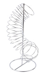 A chrome plated metal spiral egg holder shaped like a spring, designed to hold eggs vertically. It features a central pole with a round base and a curving wire spiral winding upward to hold multiple eggs in a cascading fashion.