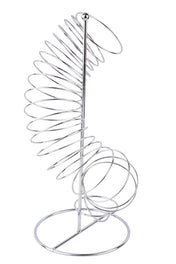 A chrome plated metal spiral egg holder shaped like a spring, designed to hold eggs vertically. It features a central pole with a round base and a curving wire spiral winding upward to hold multiple eggs in a cascading fashion.