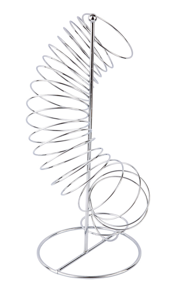 A chrome plated metal spiral egg holder shaped like a spring, designed to hold eggs vertically. It features a central pole with a round base and a curving wire spiral winding upward to hold multiple eggs in a cascading fashion.