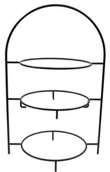 A 3-tier black powder coated metal fajita rack with a rounded top and three circular shelves, designed to hold plates or trays, standing upright with minimal, open-frame construction.