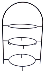 A 3-tier black powder coated metal fajita rack with a rounded top and three circular shelves, designed to hold plates or trays, standing upright with minimal, open-frame construction.