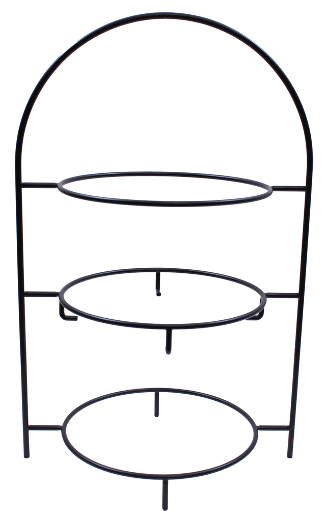 A 3-tier black powder coated metal fajita rack with a rounded top and three circular shelves, designed to hold plates or trays, standing upright with minimal, open-frame construction.