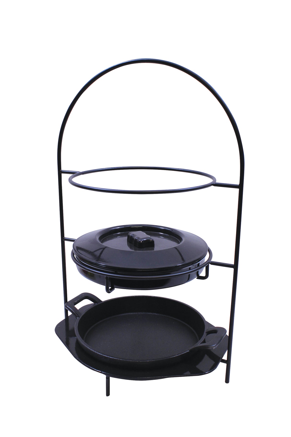 A black metal stand with two shelves holds a round lidded Dutch oven, perfect as a tortilla warmer, on the top shelf and a cast iron fajita platter on the bottom. The tall arched frame features a simple, minimalist design set against a white background.