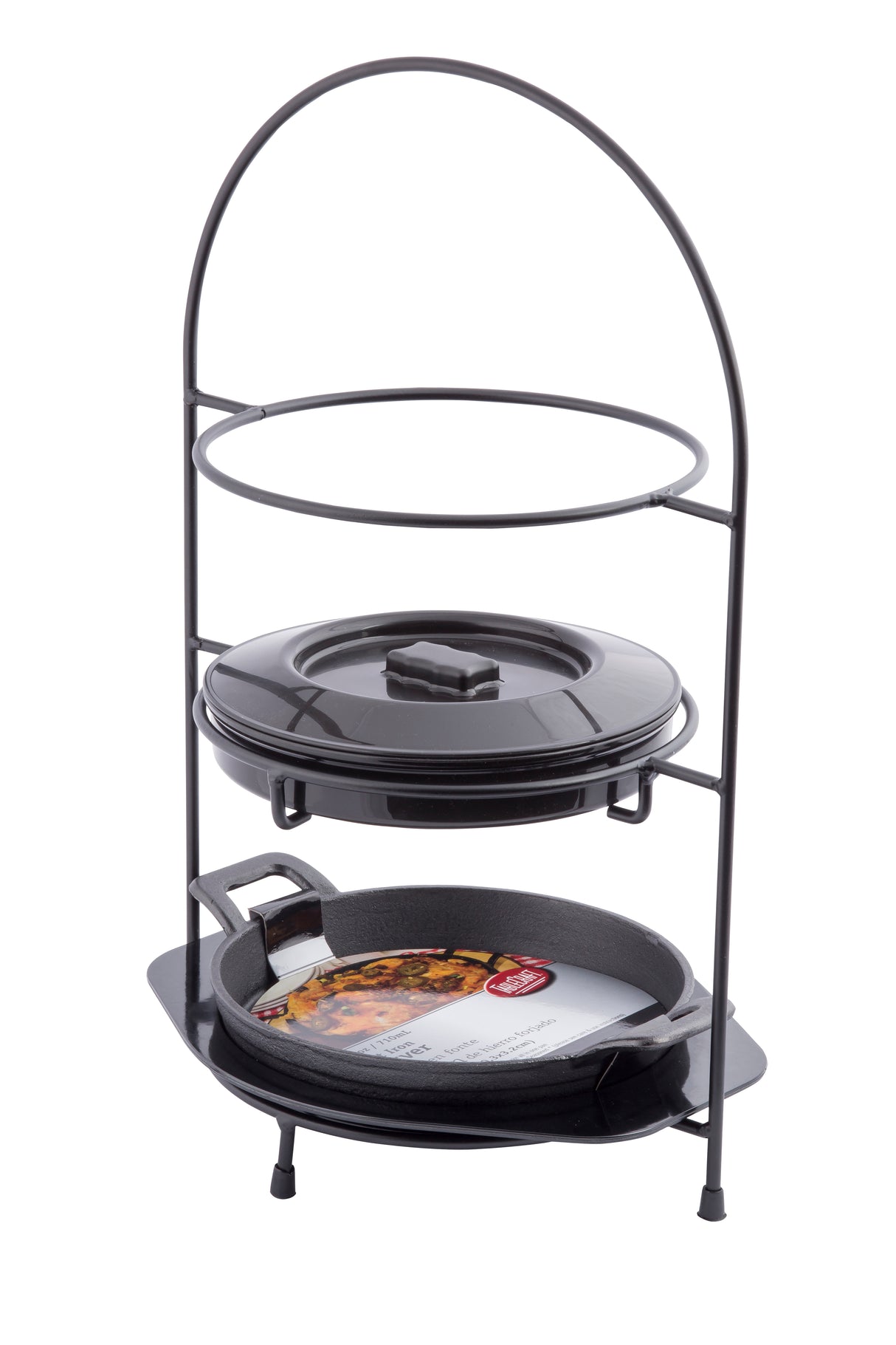 A black metal two-tier stand holds a round cast iron Dutch oven, perfect as a tortilla warmer, on the top level. On the bottom is a wide cast iron fajita platter with handles and a paper insert showing a meal. The background is white.