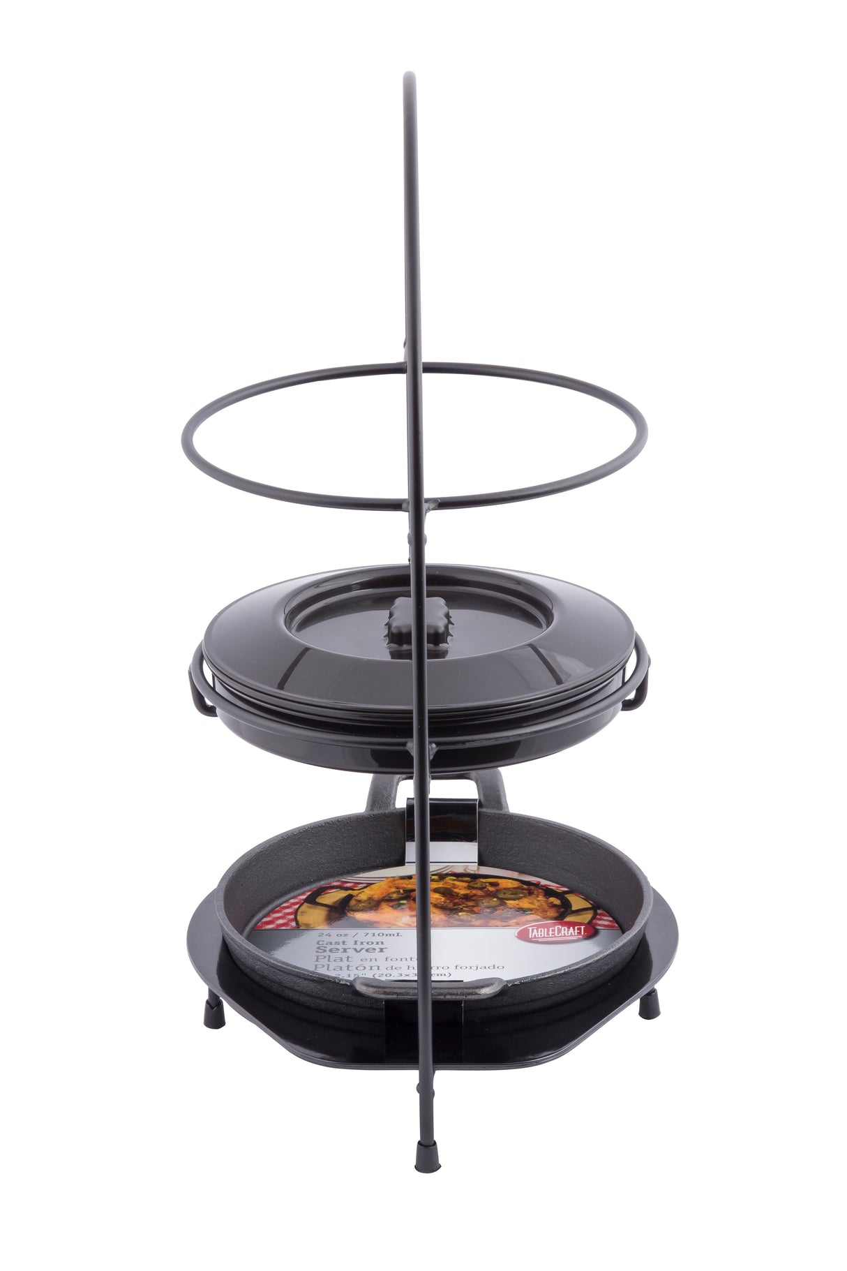 A black metal two-tiered Fajita Tower Kit holds two round cast iron fajita platters, one above the other. The lower pan displays a printed food image, while the upper pan is topped with a matching black lid on a white background.