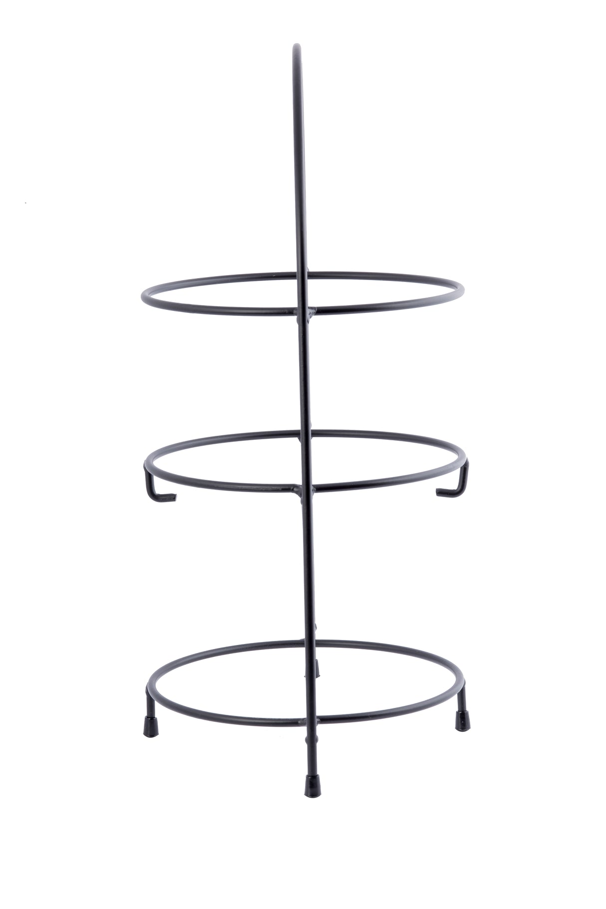 A vertical, black powder coated metal stand features a 3-tier design with three circular rings stacked and four short legs at the base—minimal and open, it's ideal as a Fajita Rack or for holding plates and pot lids.