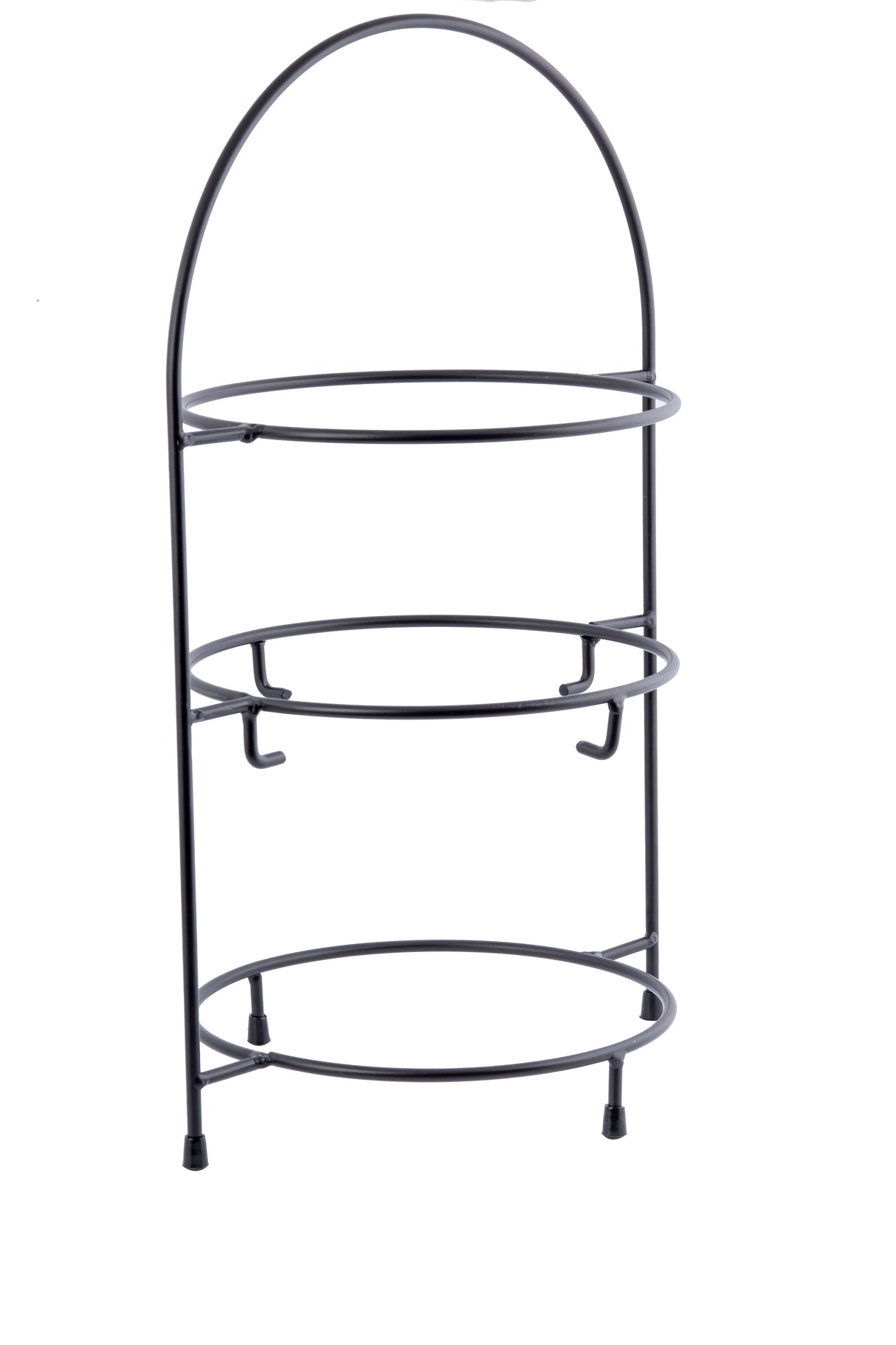 A black 3-tier fajita rack with an arched top, crafted from powder coated metal to hold round objects like plates or lids. The rack stands on four short legs and is photographed against a white background.