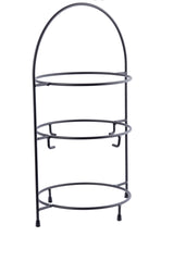 A black 3-tier fajita rack with an arched top, crafted from powder coated metal to hold round objects like plates or lids. The rack stands on four short legs and is photographed against a white background.