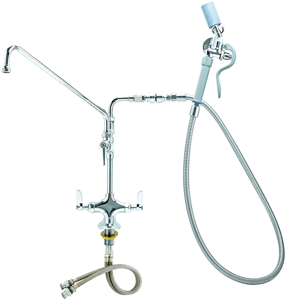 A chrome-plated pantry deck mount faucet with dual handles, a long spout on the left, and a flexible washdown hose with a blue nozzle on the right. Includes hot and cold water hoses at the bottom for efficient commercial kitchen use.