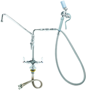 A chrome-plated pantry deck mount faucet with dual handles, a long spout on the left, and a flexible washdown hose with a blue nozzle on the right. Includes hot and cold water hoses at the bottom for efficient commercial kitchen use.