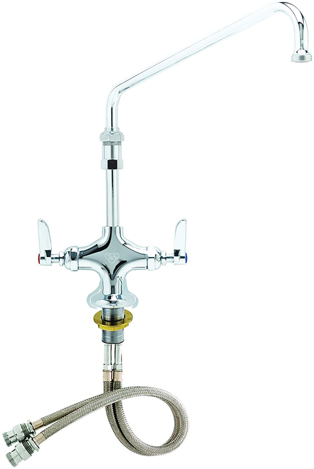 A chrome-plated, NSF compliant pantry deck-mount faucet with two lever handles—blue for cold and red for hot—features a long, curved 12 swivel spout and braided metal hoses. Photographed on a white background.