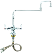 A commercial-style, wall-mounted NSF compliant faucet with a tall, double jointed swivel spout and two lever handles—one blue-marked, one red-marked. Flexible braided metal hoses extend from the silver metallic base for water supply connection.