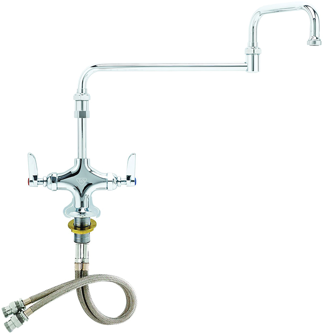 A commercial-style, wall-mounted NSF compliant faucet with a tall, double jointed swivel spout and two lever handles—one blue-marked, one red-marked. Flexible braided metal hoses extend from the silver metallic base for water supply connection.
