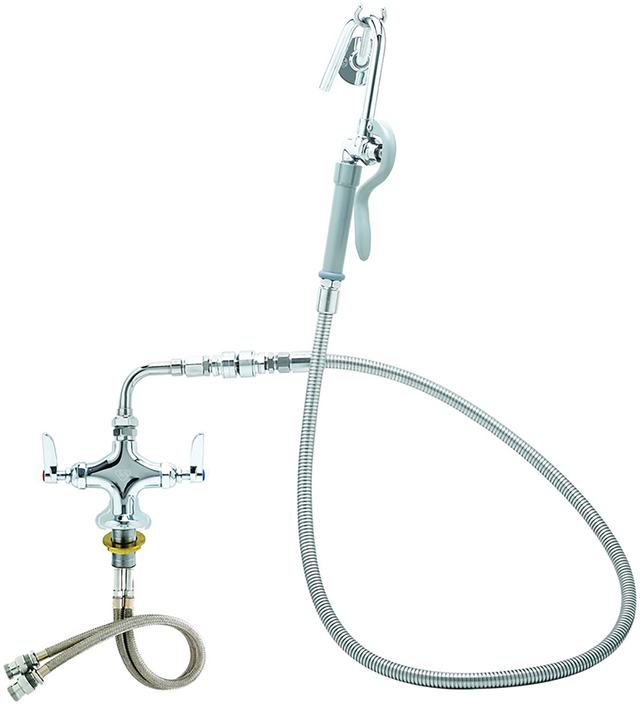 Commercial kitchen faucet with a long flexible metal hose, dual handles for hot and cold water, and a spray nozzle attachment. Includes a backflow preventer and chrome finish with red and blue indicator handles for safe installation.