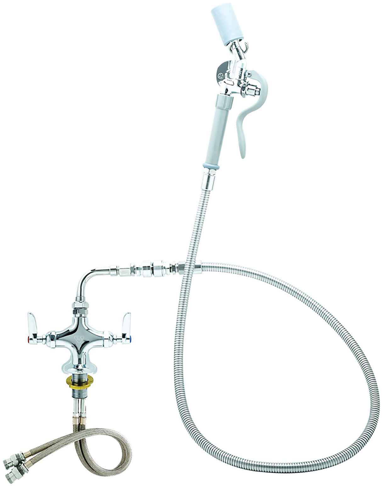 A commercial pantry deck mount faucet with a flexible metal hose, dual handle valves for hot and cold water, and a spray nozzle with a white plastic handle. Hoses extend from the base for water connection. The industrial design is highly functional.