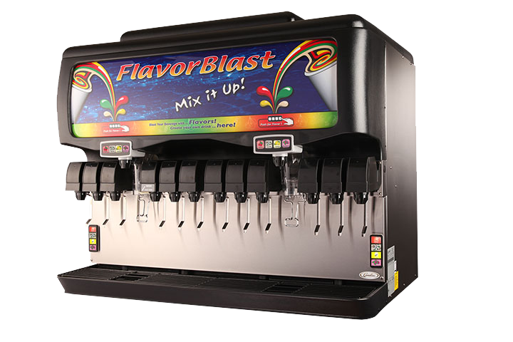 A countertop beverage dispenser labeled FlavorBlast, with the slogan Mix it Up!, features multiple levers for dispensing soft drinks. This black ice and beverage dispenser showcases colorful graphics and cup icons for each drink option.