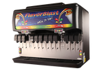 A countertop beverage dispenser labeled FlavorBlast, with the slogan Mix it Up!, features multiple levers for dispensing soft drinks. This black ice and beverage dispenser showcases colorful graphics and cup icons for each drink option.