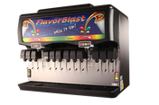A countertop beverage dispenser labeled FlavorBlast, with the slogan Mix it Up!, features multiple levers for dispensing soft drinks. This black ice and beverage dispenser showcases colorful graphics and cup icons for each drink option.