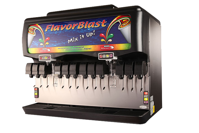 A countertop beverage dispenser labeled FlavorBlast, with the slogan Mix it Up!, features multiple levers for dispensing soft drinks. This black ice and beverage dispenser showcases colorful graphics and cup icons for each drink option.