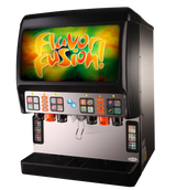 A black and silver FlavorFusion beverage dispenser labeled “Flavor Fusion!” displays colorful graphics on top. This countertop beverage dispenser has six drink dispensers, two ice & post-mix dispensers, and a tray below to catch spills.