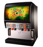 A commercial FlavorFusion Ice Beverage Dispenser labeled “Flavor Fusion” with multiple colorful buttons for drink selections, dispensing nozzles, and a drip tray. This ADA compliant countertop beverage dispenser features a bright display for self-serve use.