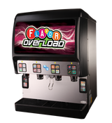 A large ADA Compliant Flavor Overload Beverage Dispenser features bright, colorful graphics, multiple drink selections with buttons and labels, and two dispensing nozzles below. This ice & post-mix dispenser stands out against a clean white background.