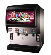 A large ADA Compliant Flavor Overload Beverage Dispenser features bright, colorful graphics, multiple drink selections with buttons and labels, and two dispensing nozzles below. This ice & post-mix dispenser stands out against a clean white background.