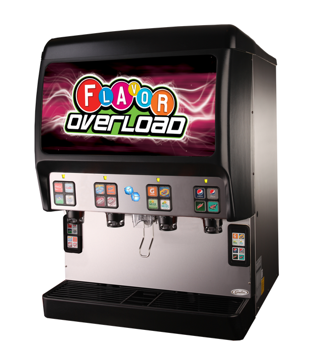 A large ADA Compliant Flavor Overload Beverage Dispenser features bright, colorful graphics, multiple drink selections with buttons and labels, and two dispensing nozzles below. This ice & post-mix dispenser stands out against a clean white background.