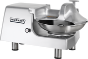 A Hobart commercial Food Cutter featuring a large stainless steel bowl, curved guard, and a sturdy four-leg base. The sleek metallic surface shines, with the iconic Hobart logo prominently displayed on the side.