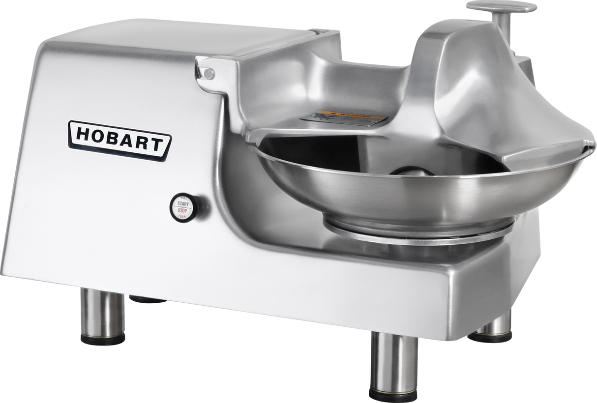 A silver Hobart Food Cutter with a large stainless steel bowl, sturdy base, and branded logo on the side. The machine boasts a sleek, industrial design with four short metal legs, set against a plain white background.